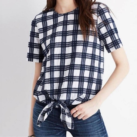 Madewell Tops - Madewell Navy & White Plaid Button-Back Tie-Front Top